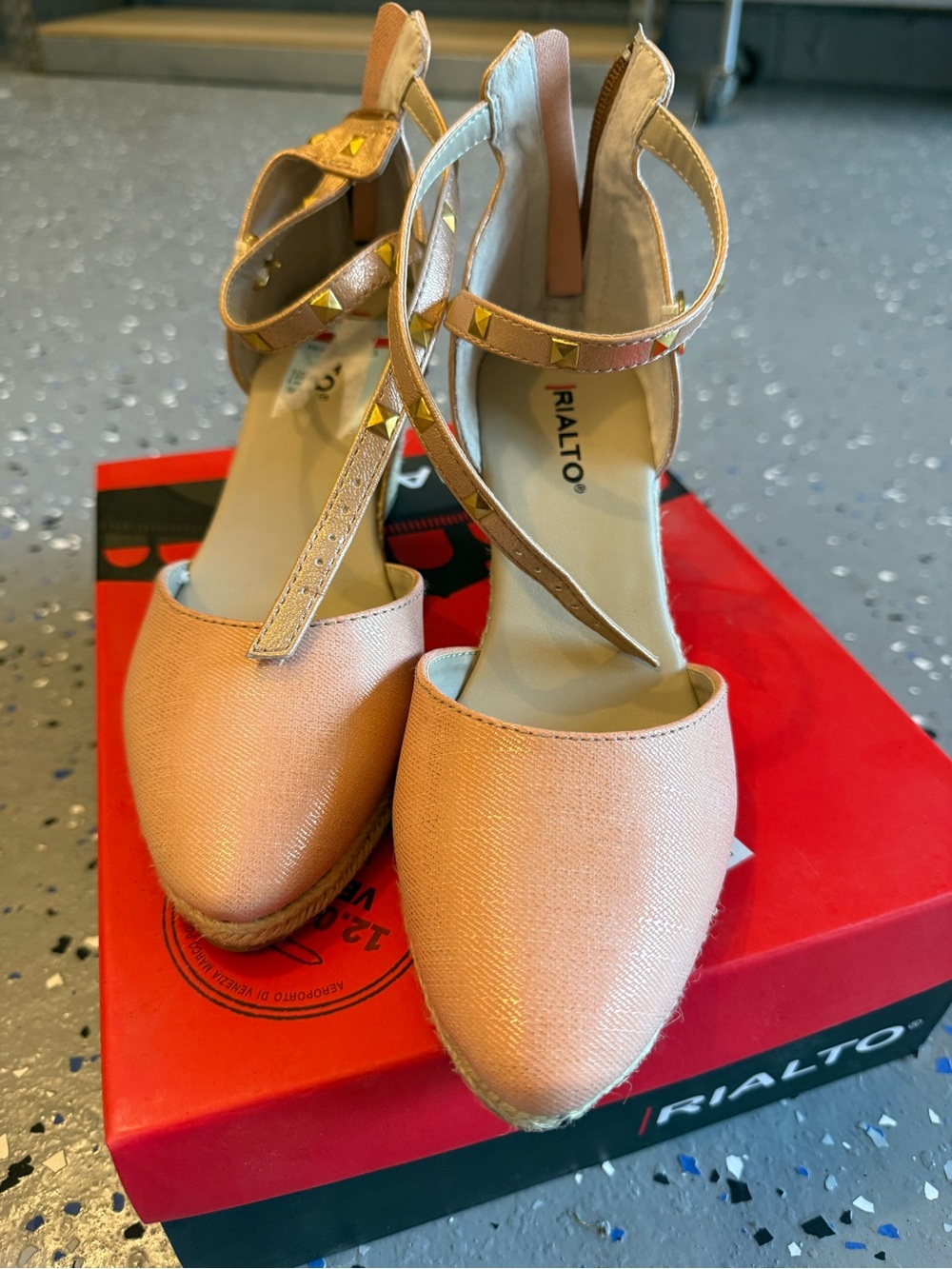 Rialto Peach-Pink Ankle-Strap Espadrille Wedges